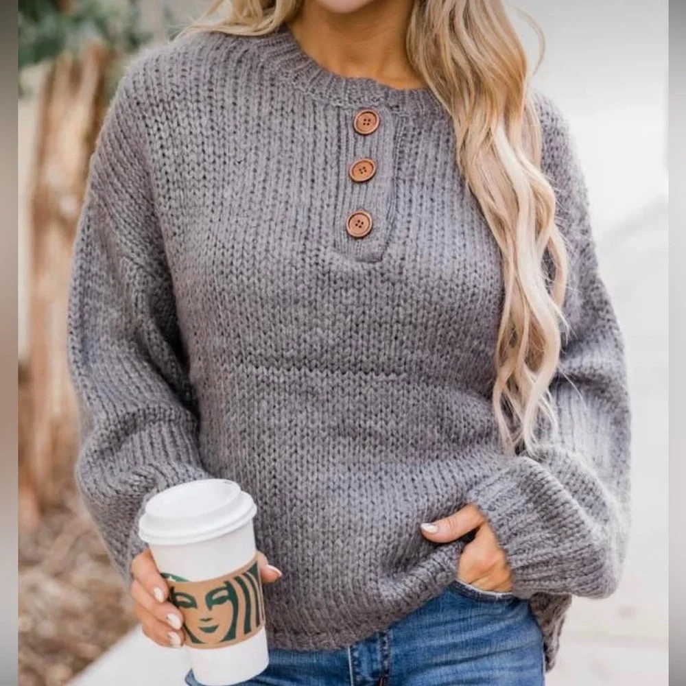 Pink Lily Kicked Back Charcoal Henley Sweater size Small - Picture 2 of 6